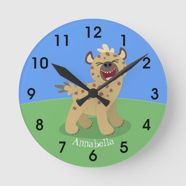 Cute funny hyena laughing cartoon illustration round clock (Front)