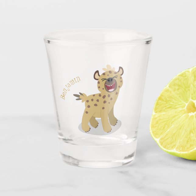 Cute funny hyena laughing cartoon illustration shot glass (Front)