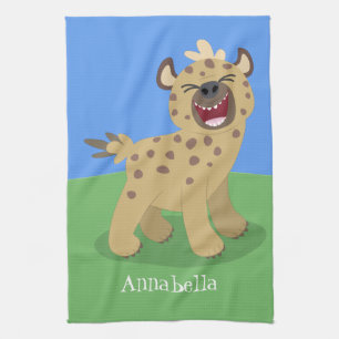 Cute funny hyena laughing cartoon illustration tea towel