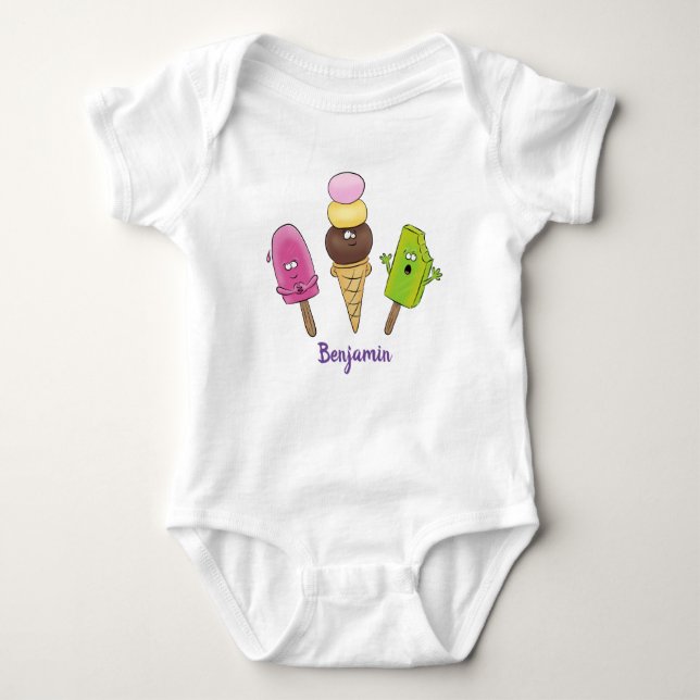 Cute funny ice cream popsicle cartoon trio baby bodysuit (Front)