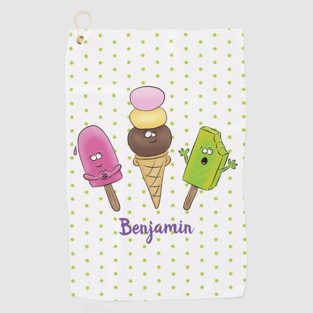 Cute funny ice cream popsicle cartoon trio golf towel (Front)