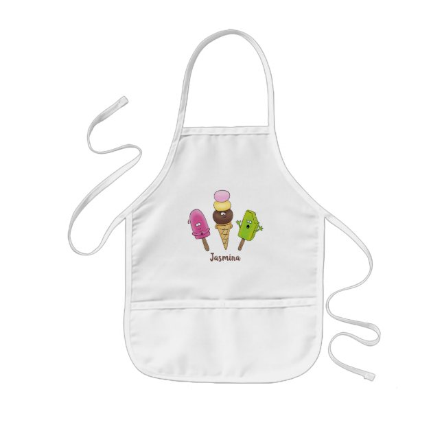 Cute funny ice cream popsicle cartoon trio kids apron (Front)