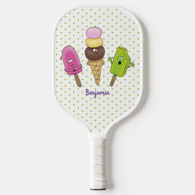 Cute funny ice cream popsicle cartoon trio  pickleball paddle (Front)