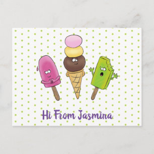 Cute funny ice cream popsicle cartoon trio postcard