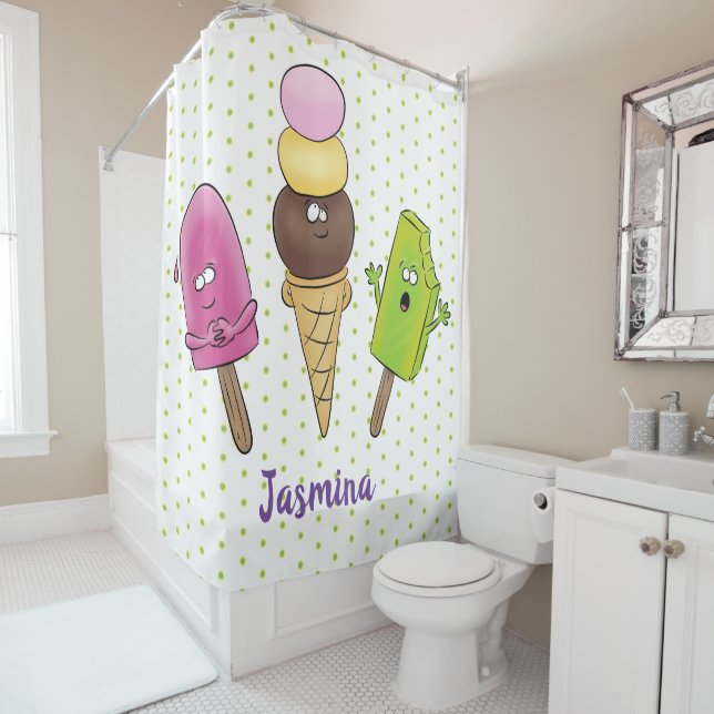 Cute funny ice cream popsicle cartoon trio shower curtain (In Situ)