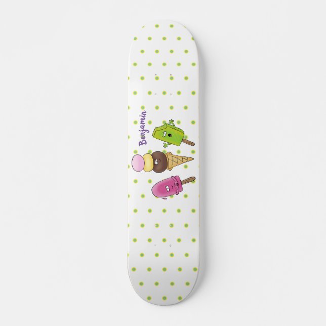 Cute funny ice cream popsicle cartoon trio skateboard (Front)