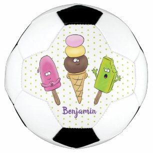 Cute funny ice cream popsicle cartoon trio soccer ball