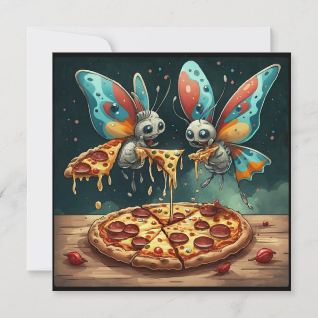 Cute funny insects eating a pizza funny gift ideas invitation (Front)