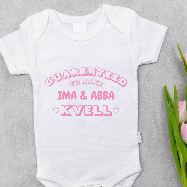 Cute Funny Jewish Ima & Abba (or other name) Pink Baby Bodysuit (This pink Jewish baby girl bodysuit is guaranteed to make Bubbe and Zaydee kvell with pride! Oy vey!)