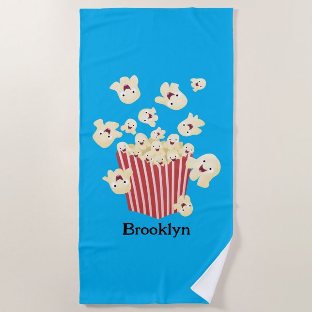 Cute funny jumping popcorn cartoon beach towel (Front)