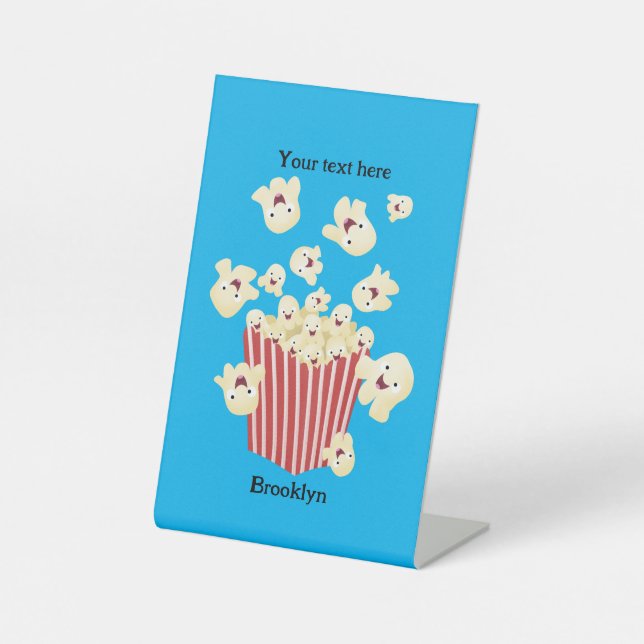 Cute funny jumping popcorn cartoon pedestal sign (Front)