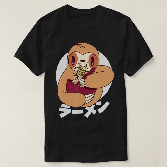 Cute Funny Kawaii Sloth Eating Ramen Noodles Japan T-Shirt (Design Front)