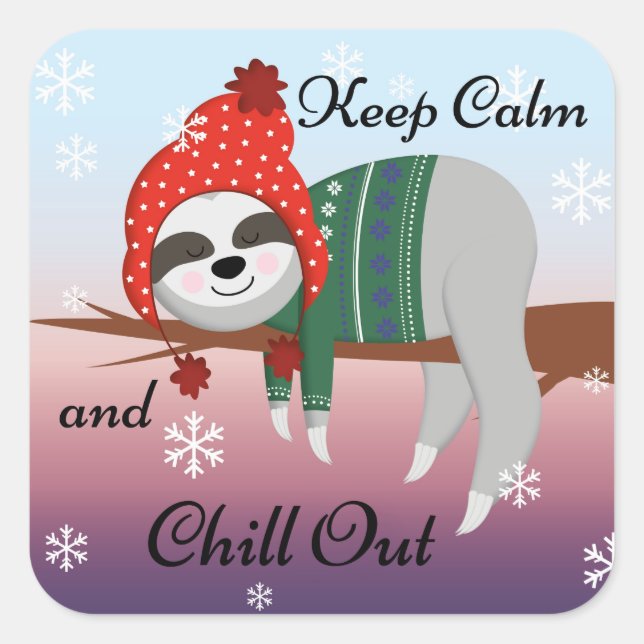 Cute Funny Keep Calm Sloth in Winter Hat & Scarf Square Sticker (Front)