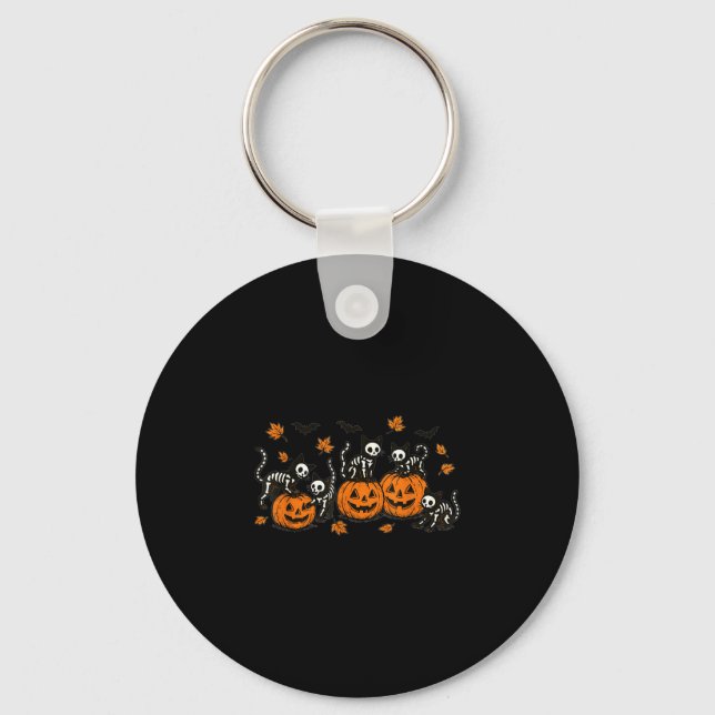 Cute funny kitten skeleton black cat pumpkins key ring (Front)