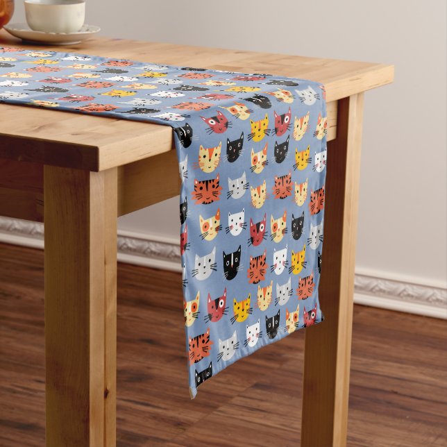 Cute Funny Kitty Cat Faces Pattern Blue Short Table Runner (In Situ)