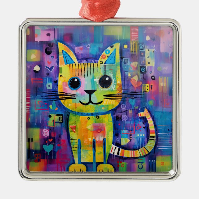 Cute Funny Kitty Cat Mixed Media Animal Pet Metal Ornament (Front)