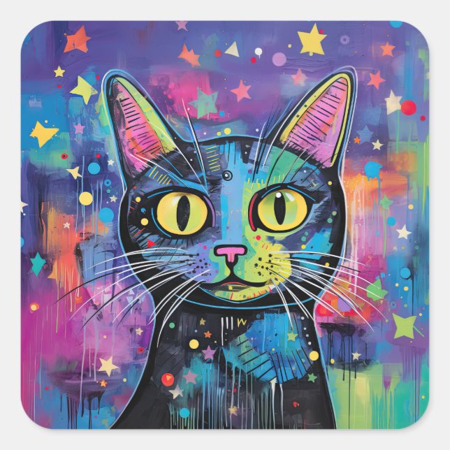 Cute Funny Kitty Cat Mixed Media Animal Pet Square Sticker (Front)