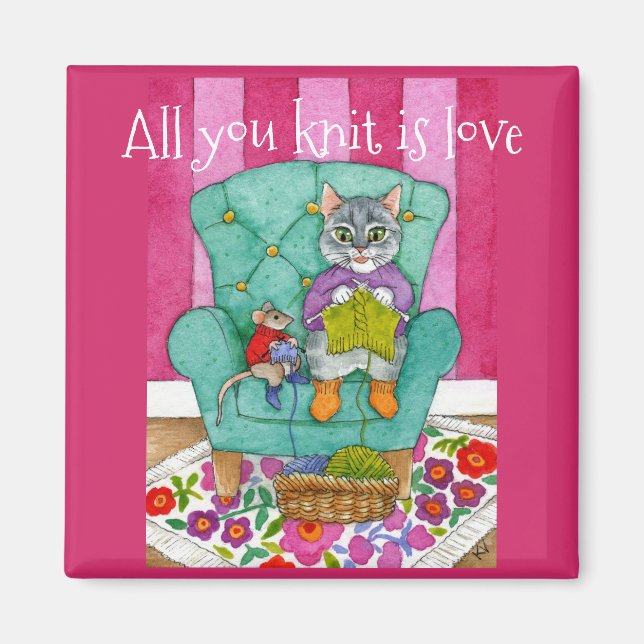 Cute funny knitting kitten and mouse magnet (Front)