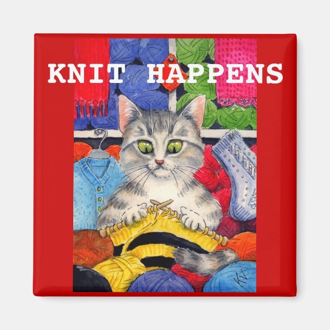 Cute funny knitting kitten magnet (Front)