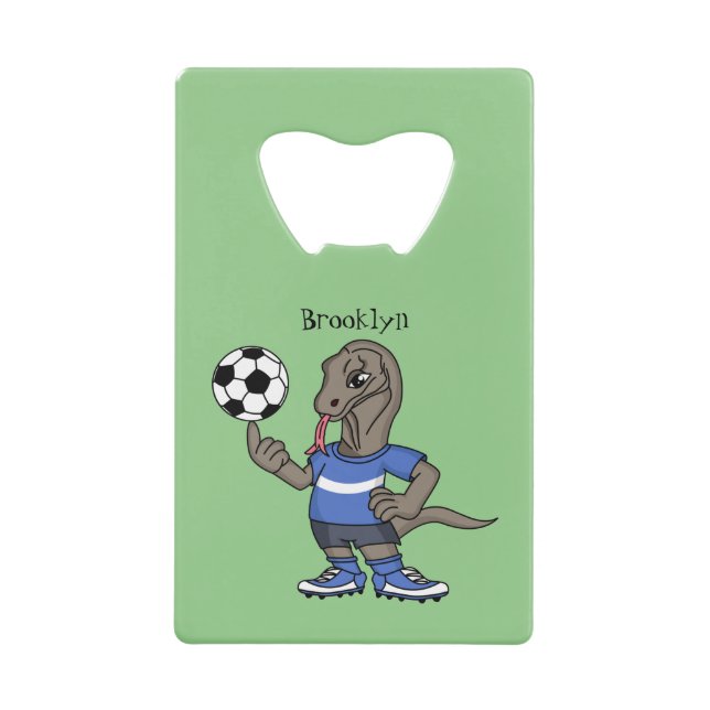 Cute funny Komodo dragon playing soccer cartoon (Front)