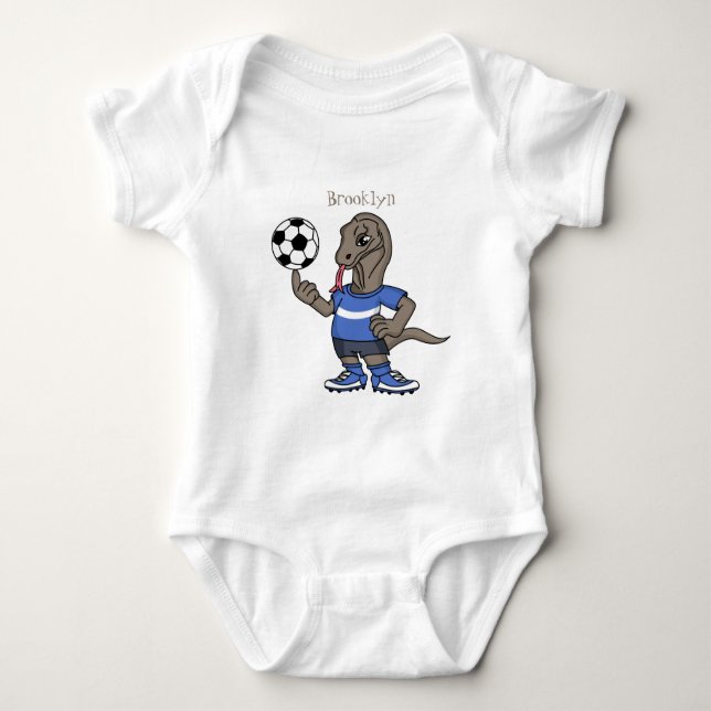 Cute funny Komodo dragon playing soccer cartoon Baby Bodysuit (Front)