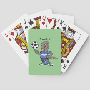 Cute funny Komodo dragon playing soccer cartoon Cards