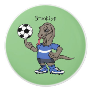 Cute funny Komodo dragon playing soccer cartoon Ceramic Knob