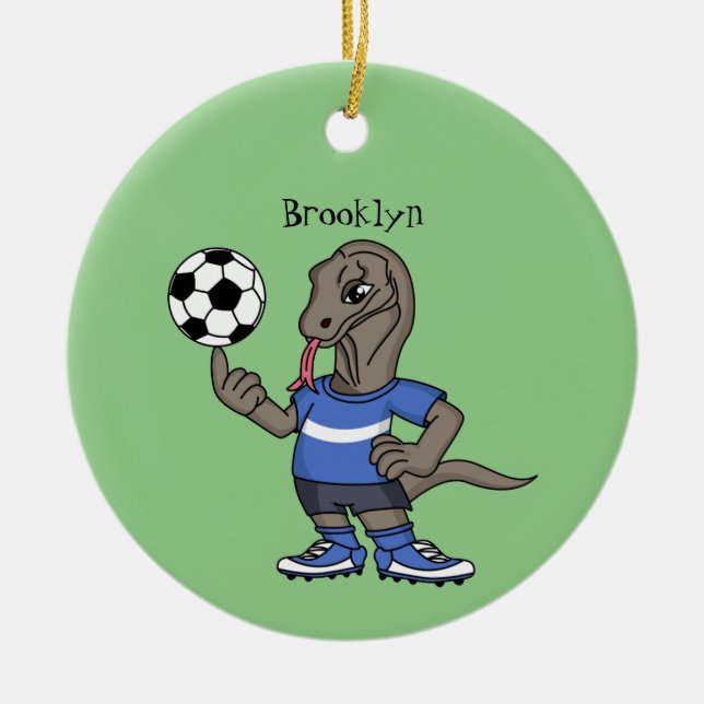 Cute funny Komodo dragon playing soccer cartoon Ceramic Ornament (Front)