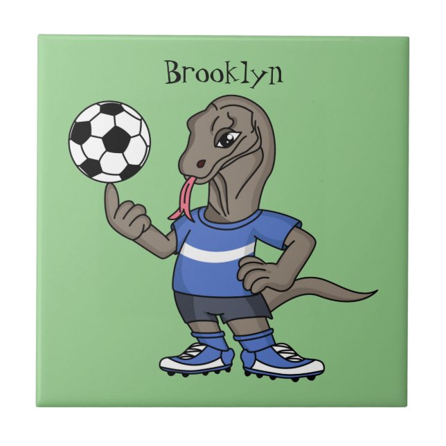 Cute funny Komodo dragon playing soccer cartoon Ceramic Tile (Front)