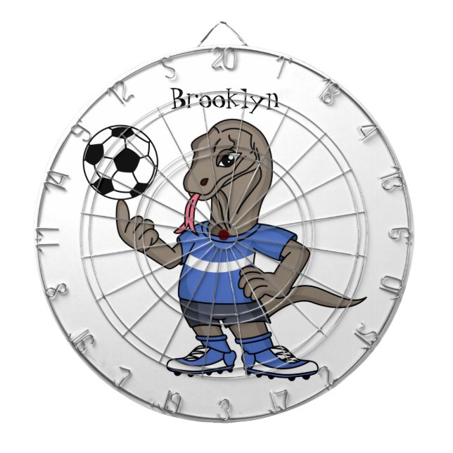 Cute funny Komodo dragon playing soccer cartoon Dartboard (Front)
