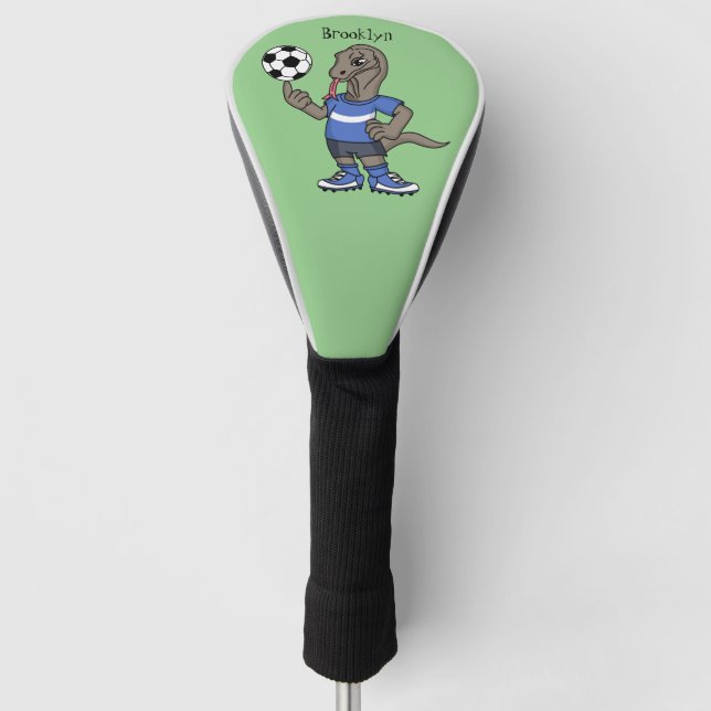 Cute funny Komodo dragon playing soccer cartoon Golf Head Cover (Front)