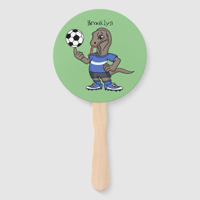 Cute funny Komodo dragon playing soccer cartoon Hand Fan (Front)