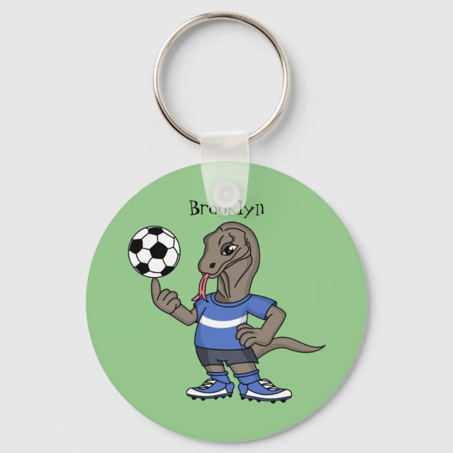 Cute funny Komodo dragon playing soccer cartoon Key Ring (Front)