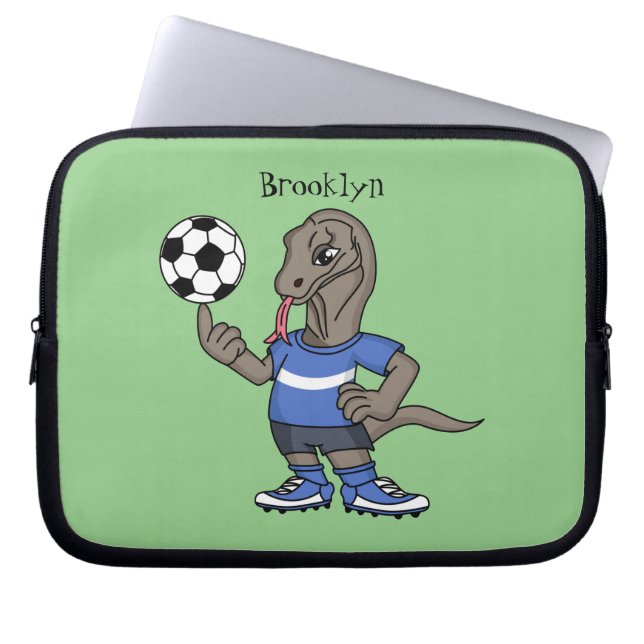 Cute funny Komodo dragon playing soccer cartoon Laptop Sleeve (Front)