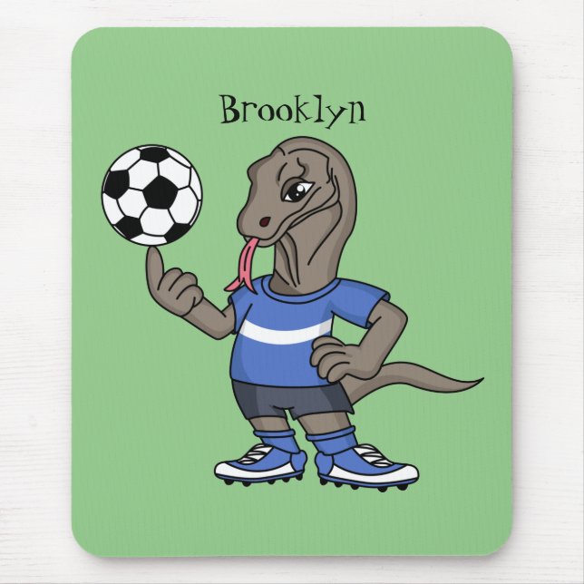 Cute funny Komodo dragon playing soccer cartoon Mouse Pad (Front)