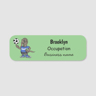 Cute funny Komodo dragon playing soccer cartoon Name Tag