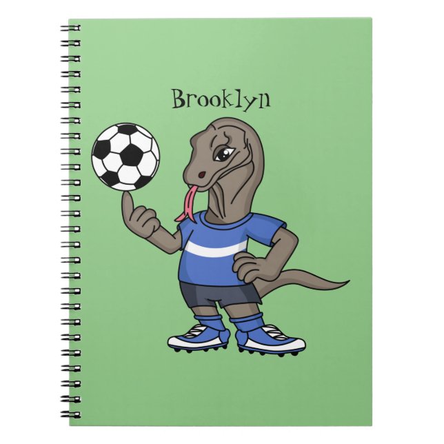 Cute funny Komodo dragon playing soccer cartoon Notebook (Front)