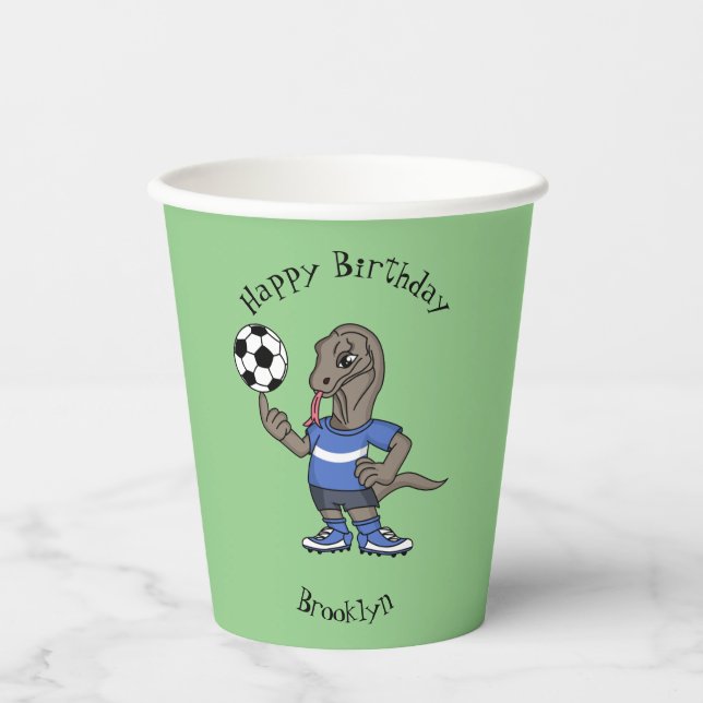 Cute funny Komodo dragon playing soccer cartoon Paper Cups (Front)