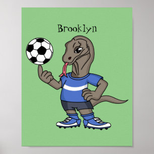 Cute funny Komodo dragon playing soccer cartoon Poster
