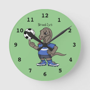 Cute funny Komodo dragon playing soccer cartoon Round Clock