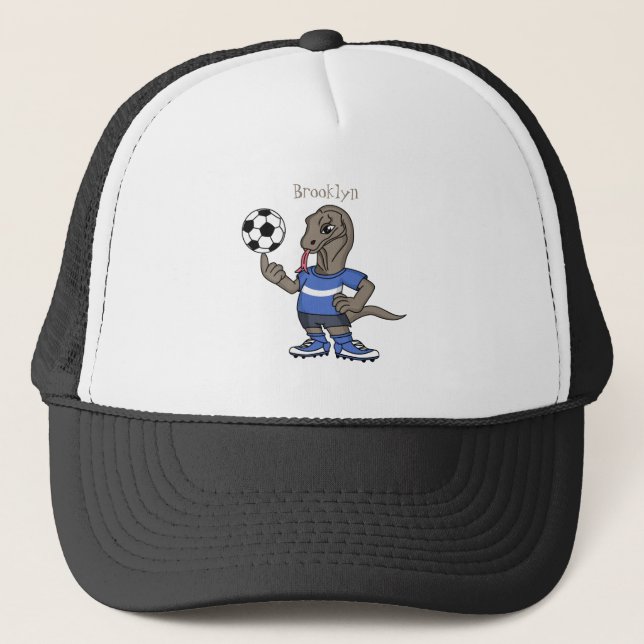 Cute funny Komodo dragon playing soccer cartoon Trucker Hat (Front)