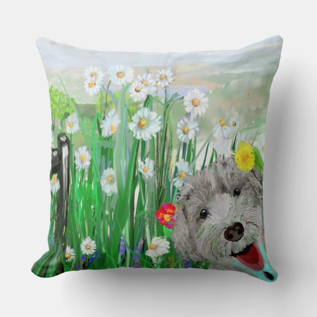 Cute, Funny Labradoodle Daisies Throw Pillow (Front)