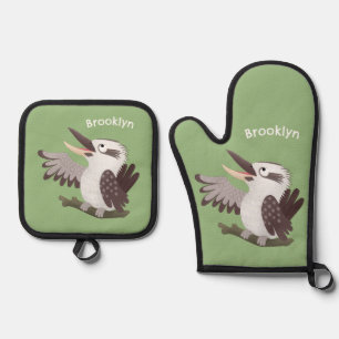 Cute funny laughing kookaburra cartoon oven mitt & pot holder set