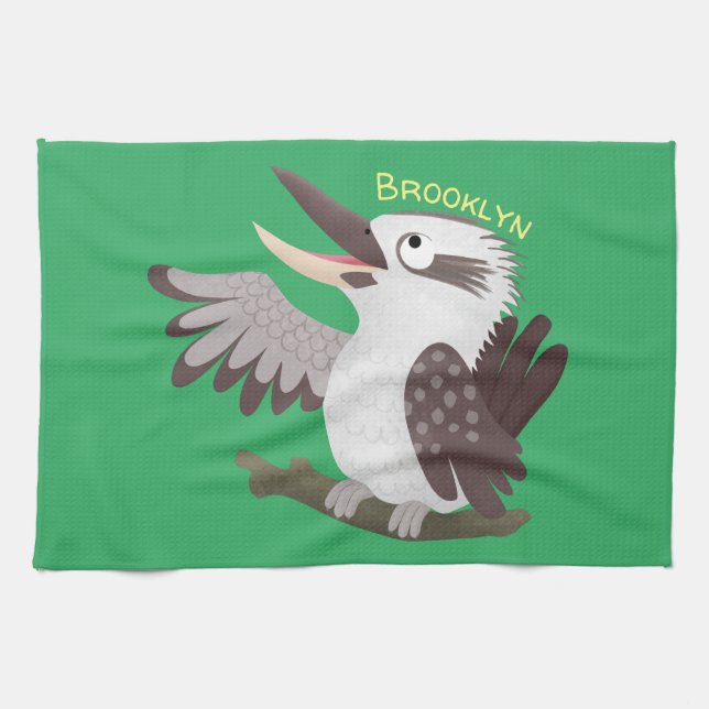 Cute funny laughing kookaburra cartoon tea towel (Horizontal)