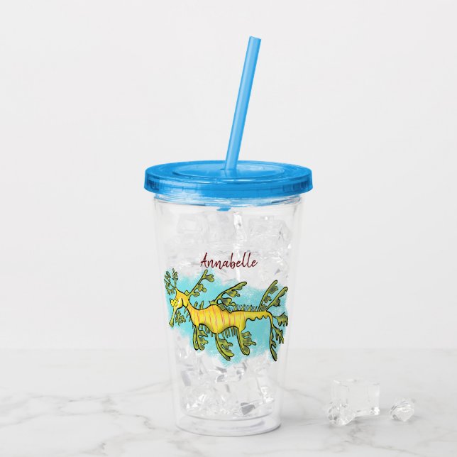 Cute funny leafy sea dragon cartoon illustration acrylic tumbler (Back Ice)