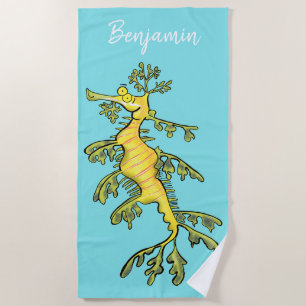 Cute funny leafy sea dragon cartoon illustration beach towel