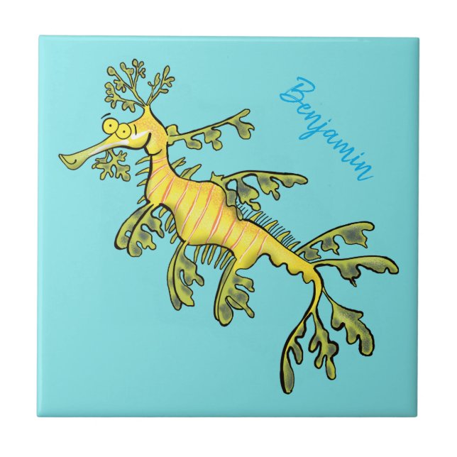 Cute funny leafy sea dragon cartoon illustration ceramic tile (Front)