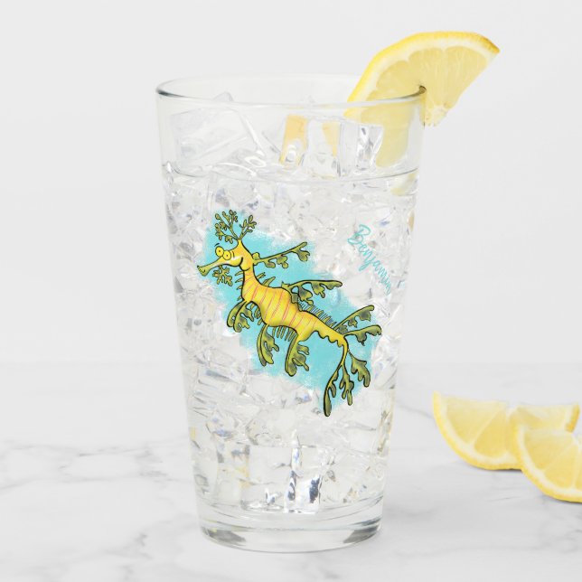 Cute funny leafy sea dragon cartoon illustration glass (Back Ice)