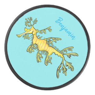 Cute funny leafy sea dragon cartoon illustration hockey puck