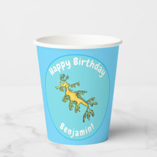 Cute funny leafy sea dragon cartoon illustration paper cups